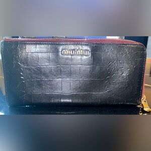 Miu Miu Black Croc-Textured Leather Zip Wallet with Gold Logo